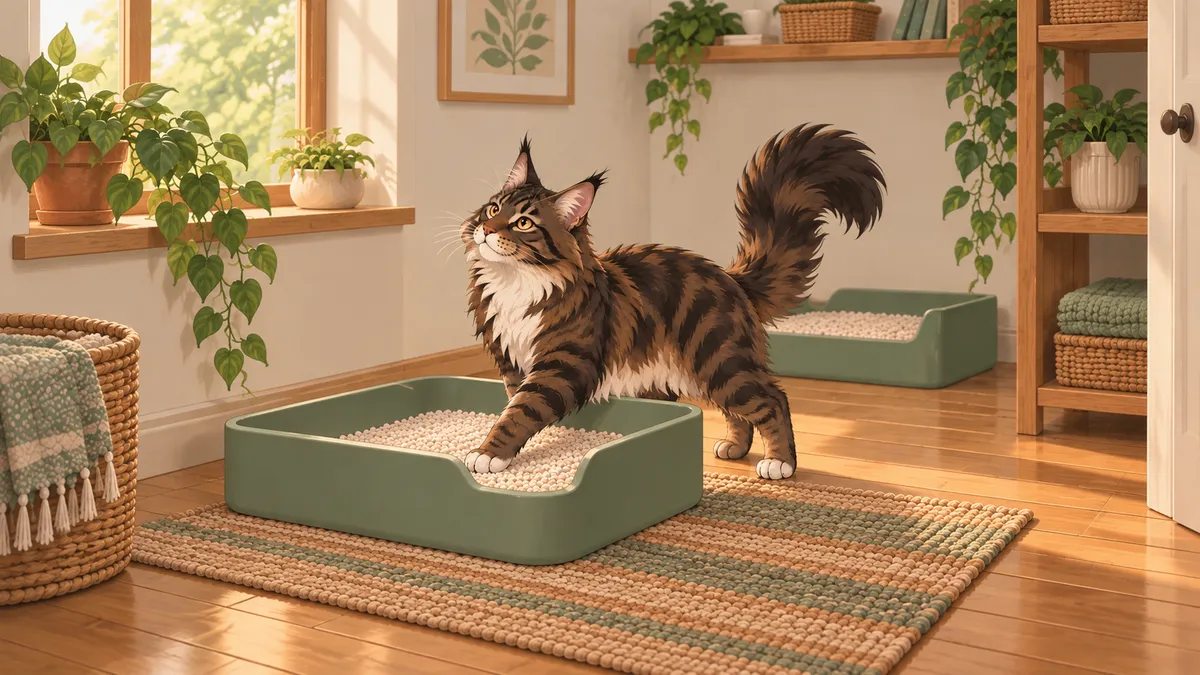 Un Maine Coon atigrado oscuro entra en un arenero grande y abierto en un rincón tranquilo.