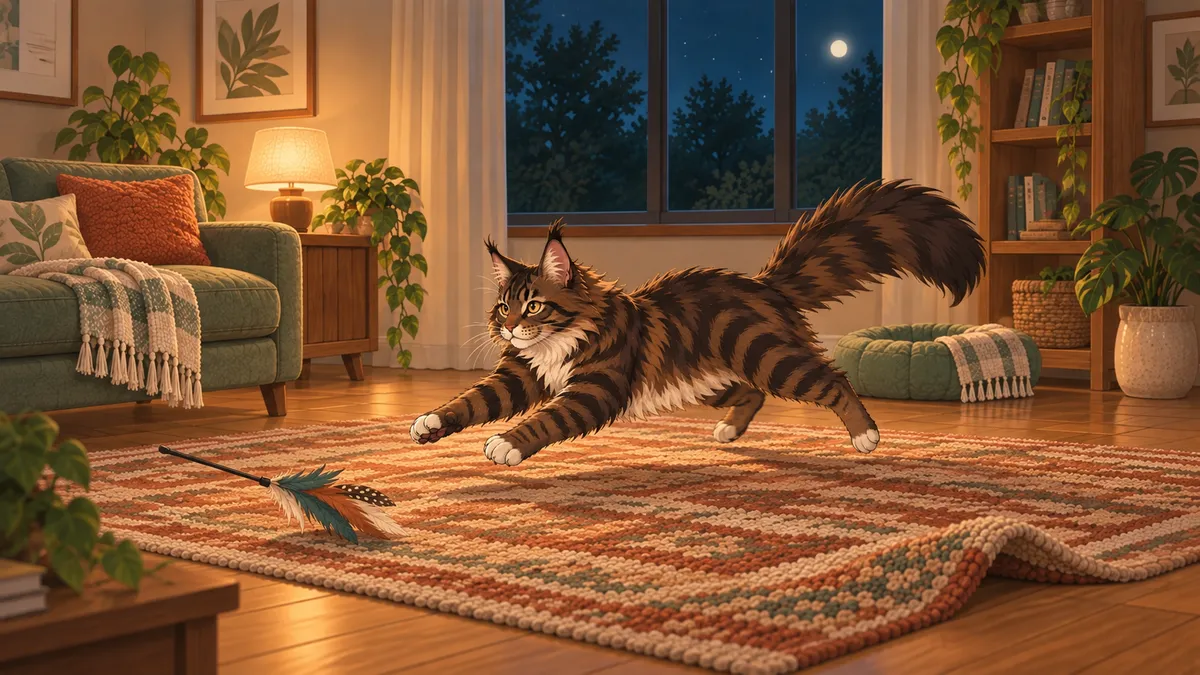 Un Maine Coon atigrado oscuro cruza corriendo la alfombra de la sala en un arranque de energía al caer la tarde.