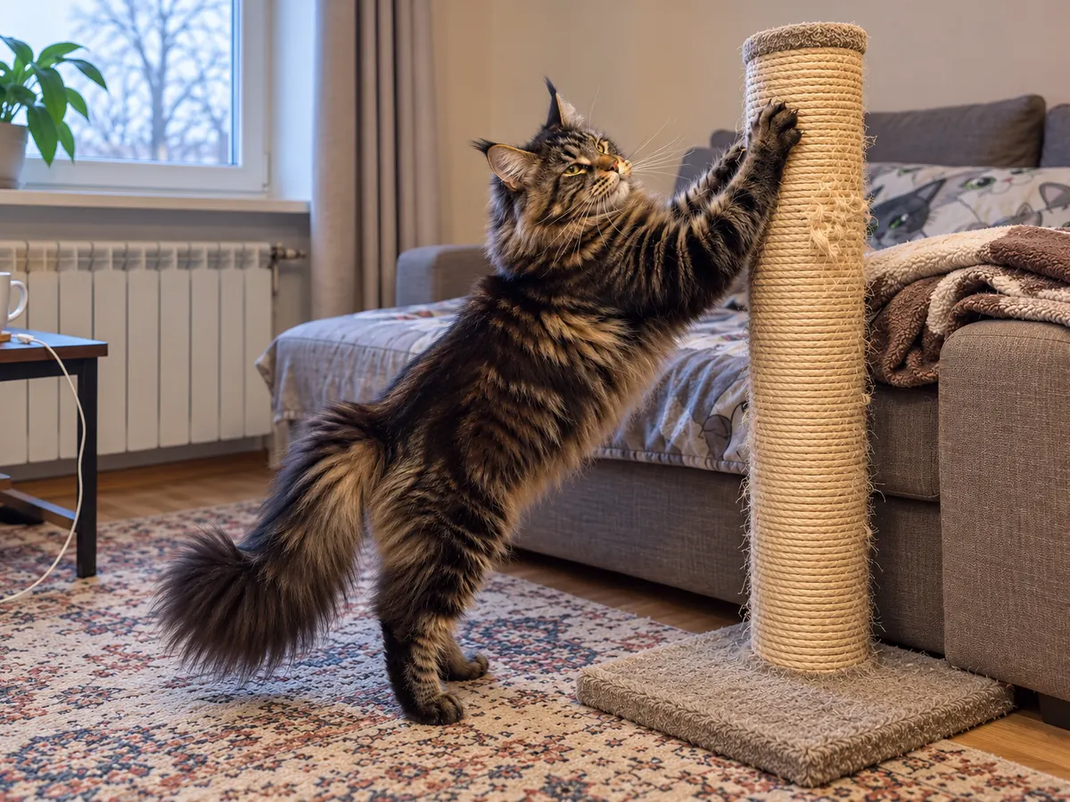 Un maine coon atigrado marrón se estira contra un rascador alto colocado junto al brazo del sofá.