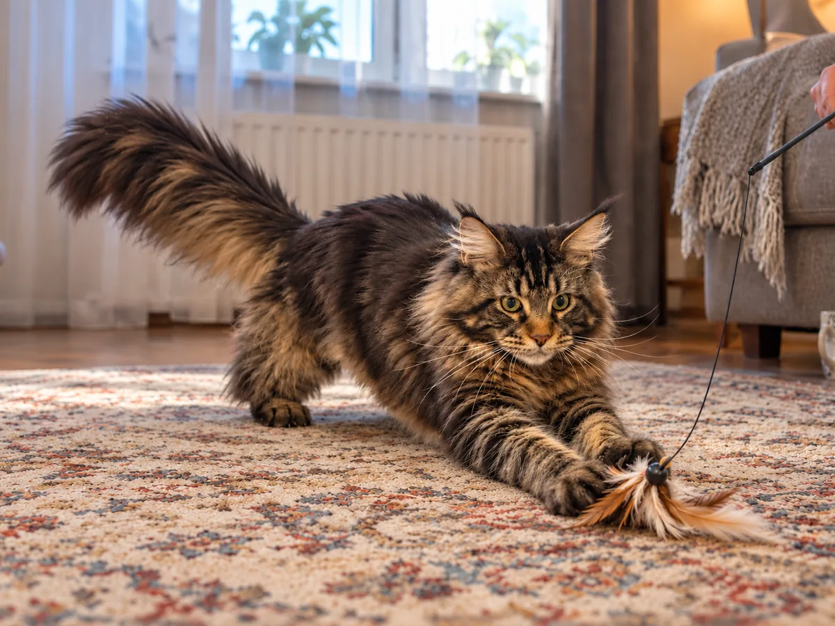 Un maine coon atigrado marrón salta sobre un juguete de caña en la alfombra, bien lejos de la mano que sujeta la caña.