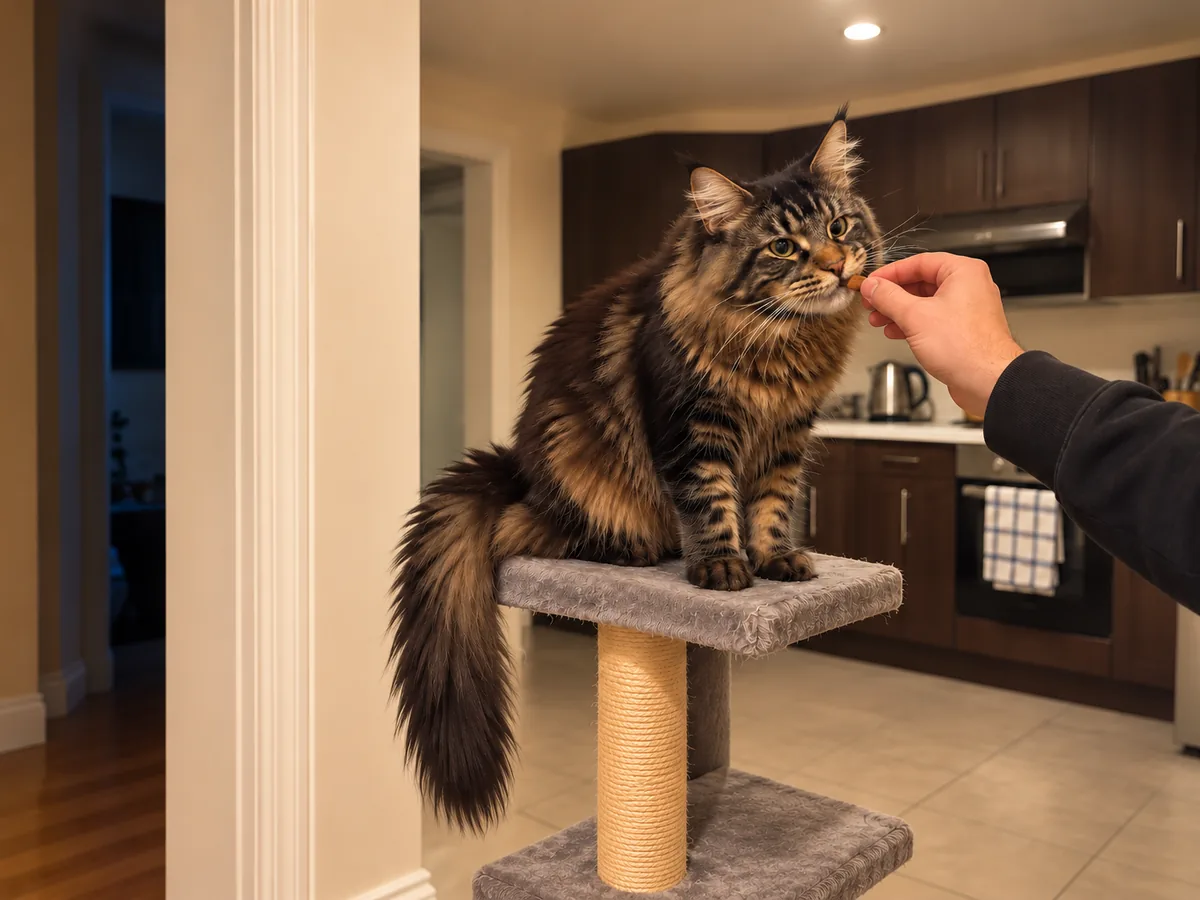 Un maine coon atigrado marrón, sentado en un árbol para gatos junto a la puerta de la cocina, toma un premio de una mano.