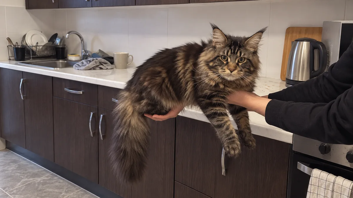 Unas manos bajan con cuidado a un maine coon atigrado marrón de la encimera de la cocina.