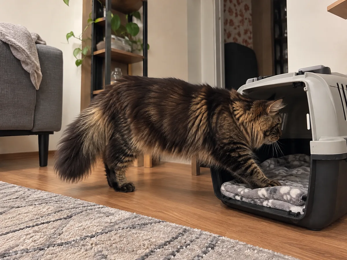 An open cat carrier with a blanket inside stands on the living-room floor with its door off, and a brown tabby Maine Coon is stepping in.
