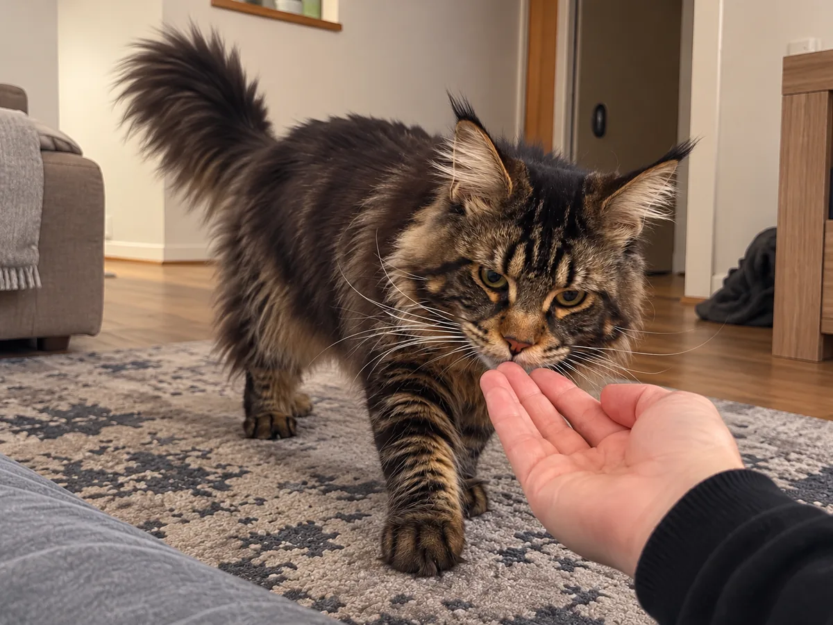 A person sits on the living-room floor with one hand held low, and a brown tabby Maine Coon walks over to sniff it.