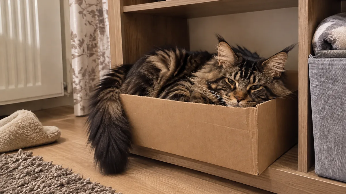 A brown tabby Maine Coon rests calmly in a cardboard box on a low shelf, partly hidden, eyes half closed.