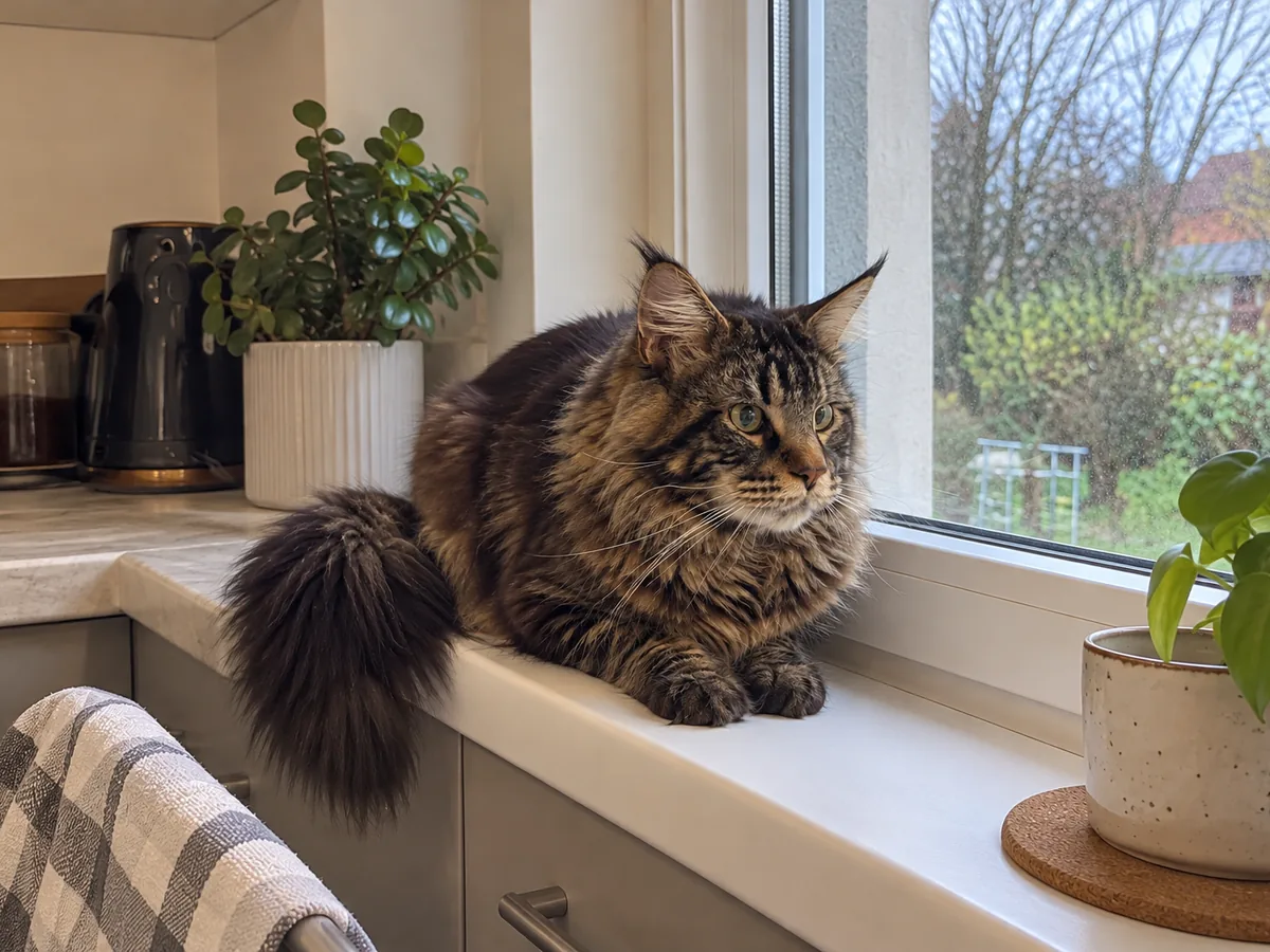 The brown tabby Maine Coon sits on a kitchen windowsill, ears forward, watching the garden through the glass.