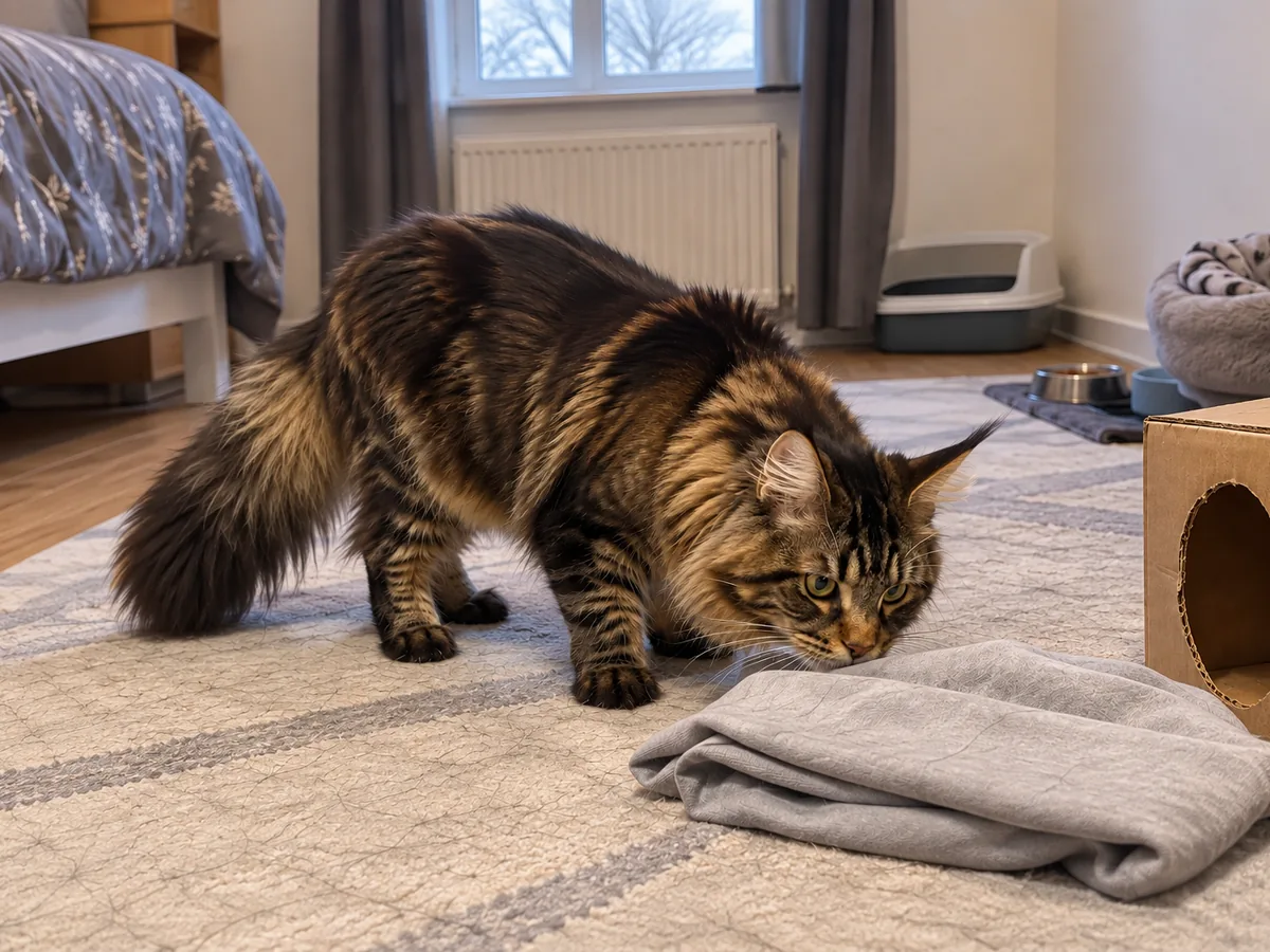 Un maine coon atigrado marrón olfatea un paño doblado en el suelo de un cuarto libre, junto a una caja de cartón con un agujero recortado.