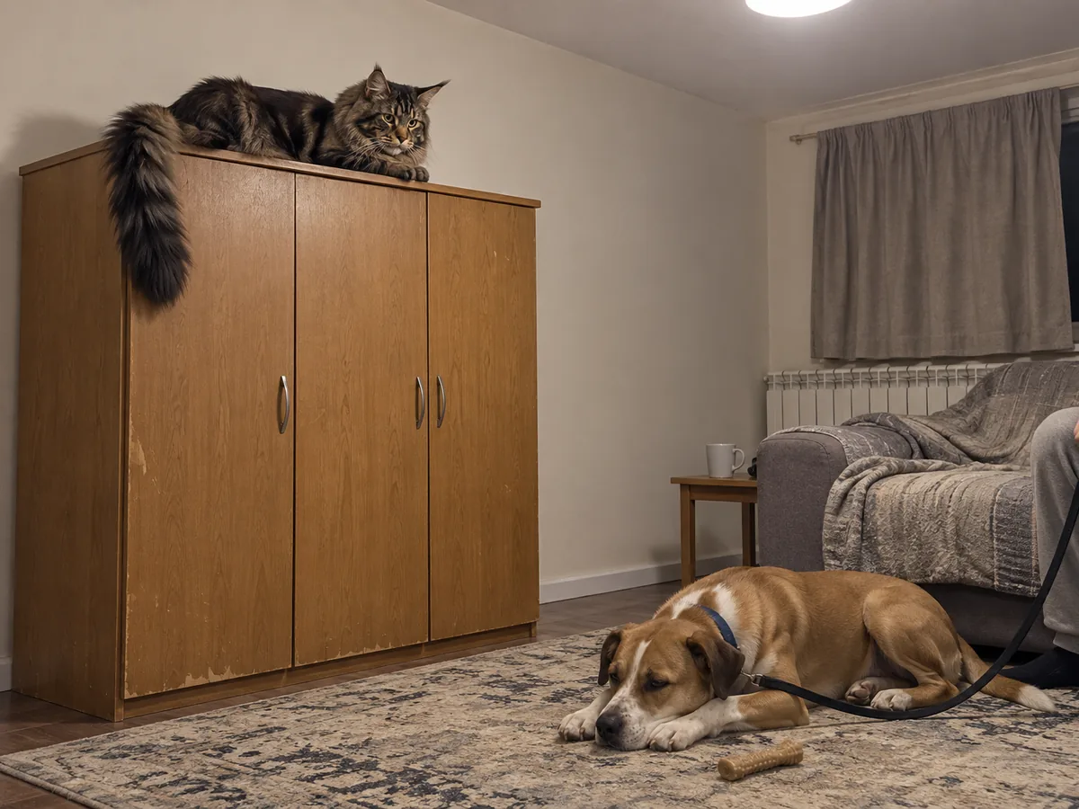 Un maine coon atigrado marrón observa desde lo alto de un armario mientras un perro con la correa floja está tumbado en la alfombra.