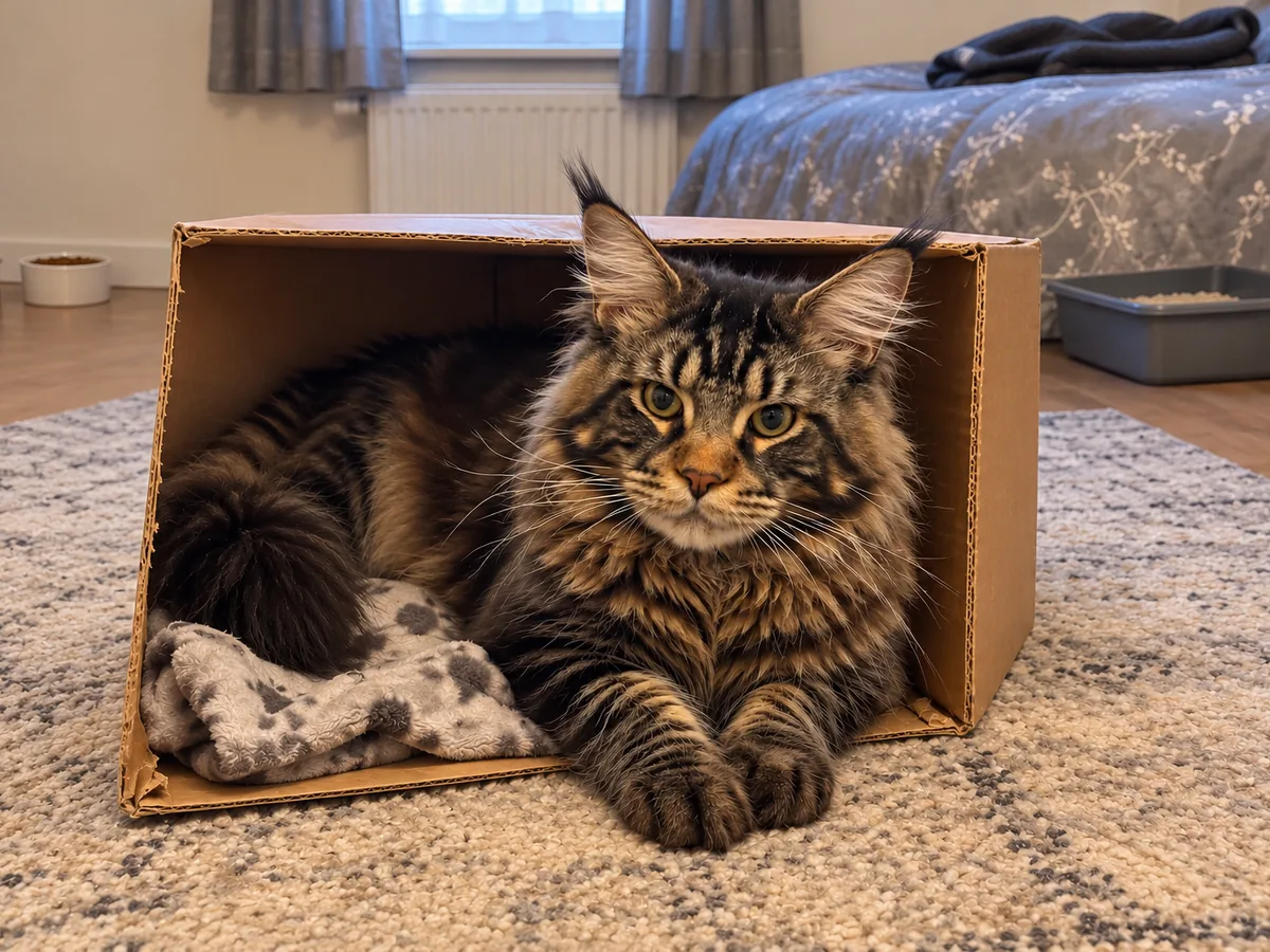 Un maine coon atigrado marrón se asoma desde una caja de cartón en una habitación tranquila, con el arenero en el rincón del fondo.