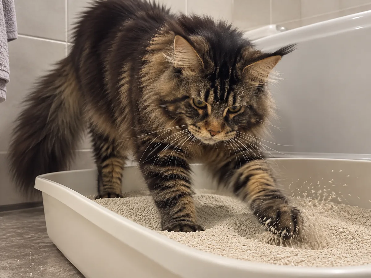 Un maine coon atigrado marrón escarba con una pata delantera en una arena fina, parecida a la de playa.