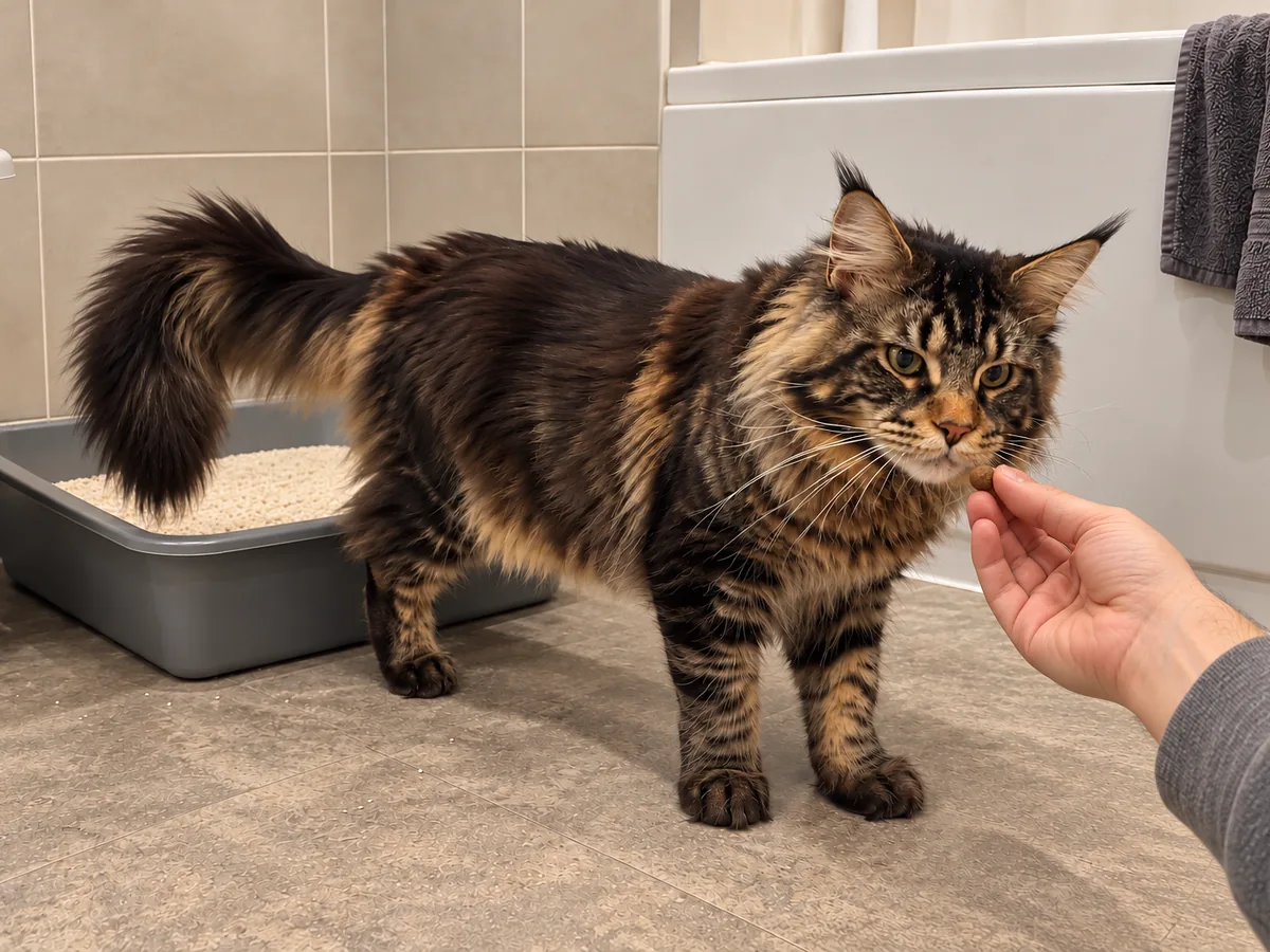 Una mano ofrece un premio a un maine coon atigrado marrón que acaba de salir del arenero.