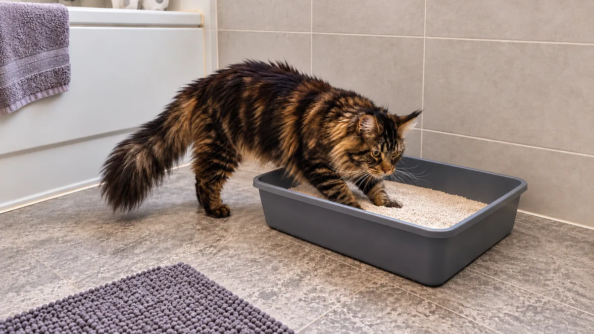 Un maine coon atigrado marrón entra en un arenero grande y abierto en un rincón tranquilo de una casa habitada.