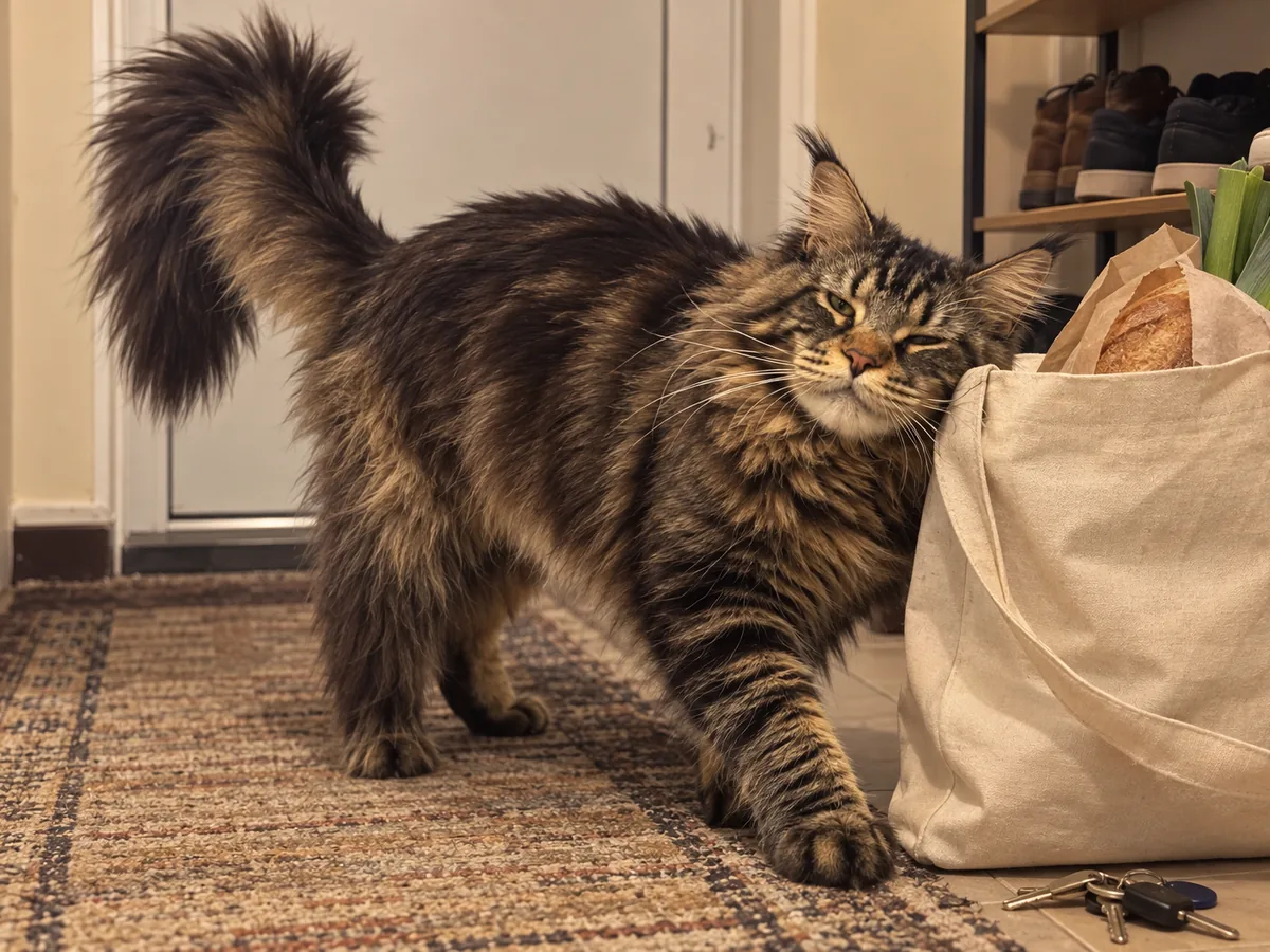 A brown tabby Maine Coon rubs his cheek along a shopping bag just put down by the front door.