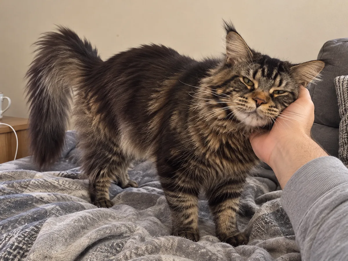 A brown tabby Maine Coon on the sofa pushes his cheek into a person’s open hand, eyes half closed.