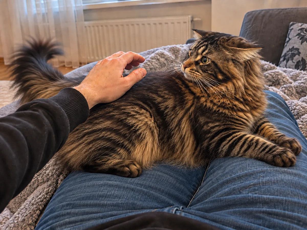 A brown tabby Maine Coon on a person’s lap turns his head towards their hand, ears turned sideways and the tip of his tail flicking.