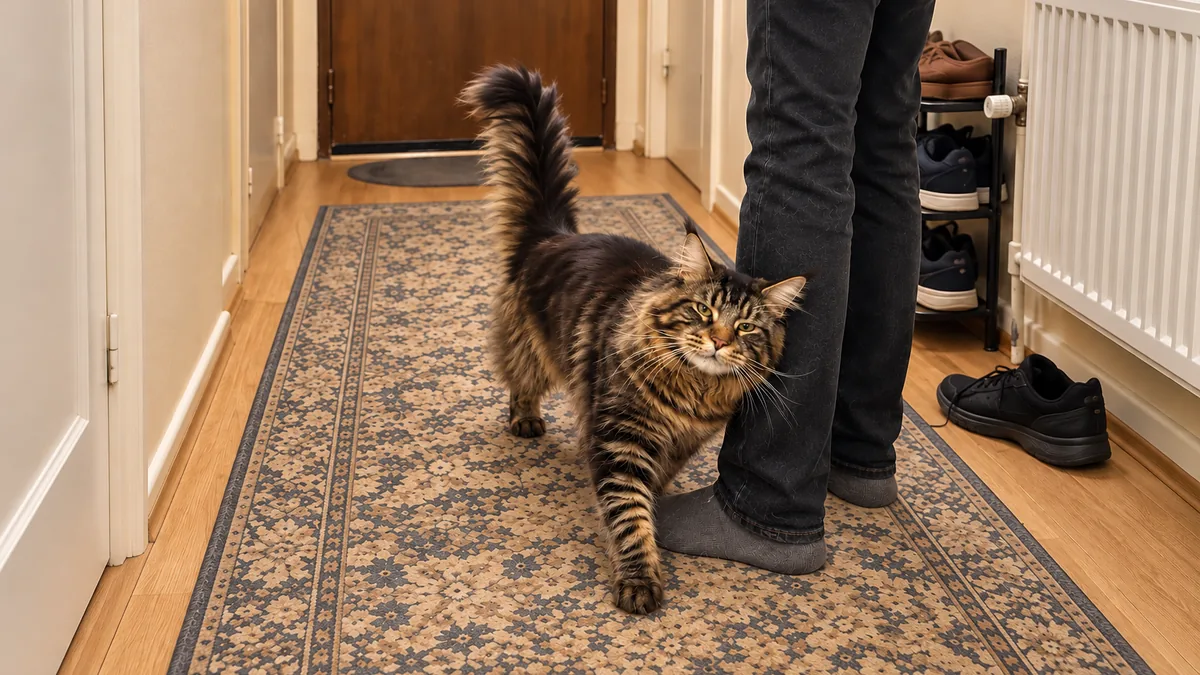 A brown tabby Maine Coon winds round a person’s ankles in the hallway, tail held straight up.