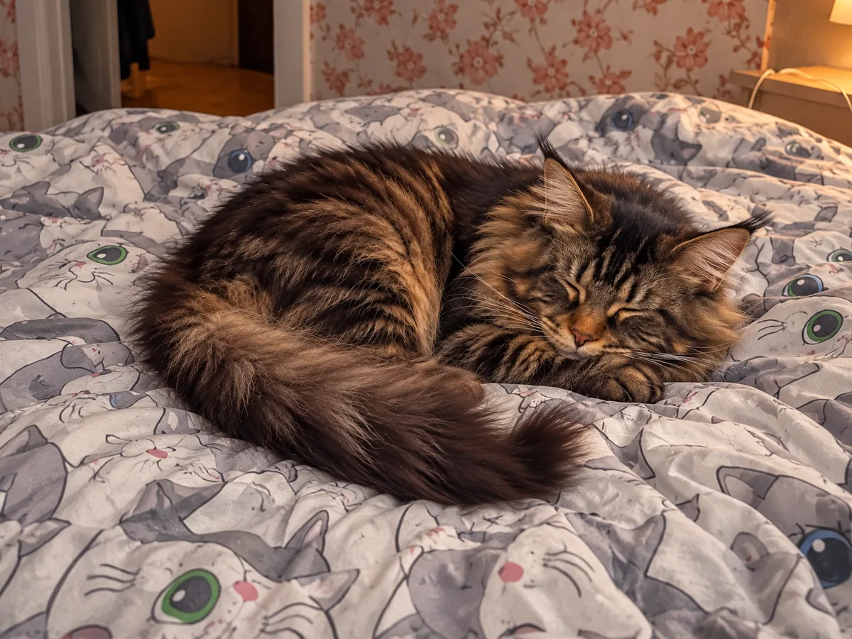 Un maine coon atigrado marrón duerme hecho un ovillo sobre la cama, envuelto en su larga cola.