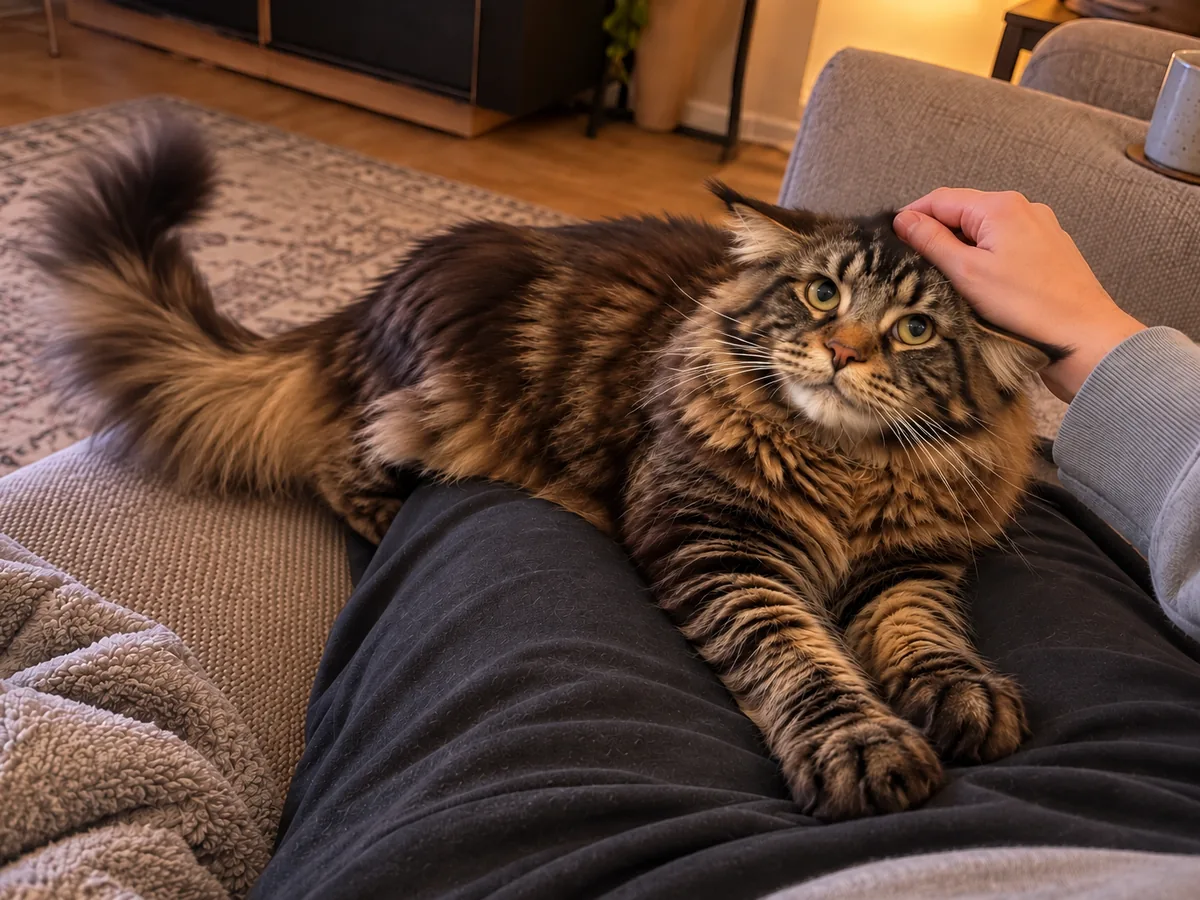 Un maine coon atigrado marrón está tumbado en el regazo de una persona que le acaricia la cabeza; gira las orejas hacia los lados y levanta la cola en un latigazo.