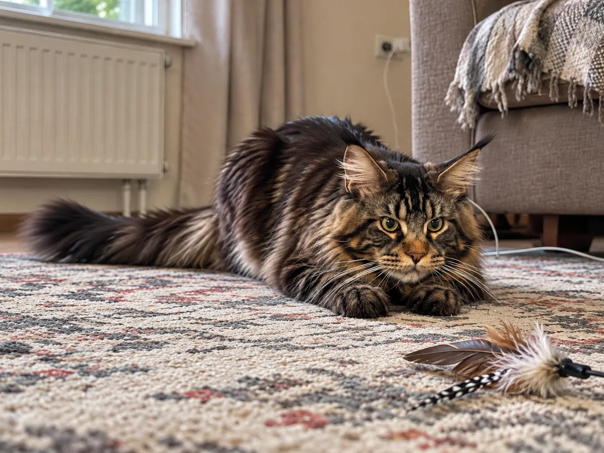 Un maine coon atigrado marrón, pegado a la alfombra de la sala de estar junto a un juguete de plumas, mira fijamente al frente y barre despacio el suelo con la cola.