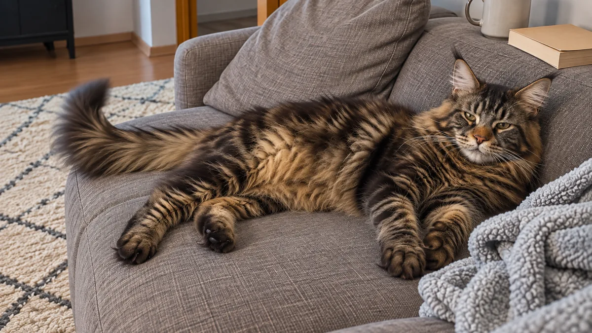 Un maine coon atigrado marrón, estirado en el sofá con los ojos entornados, tiene la punta de la cola levantada a mitad de un movimiento.