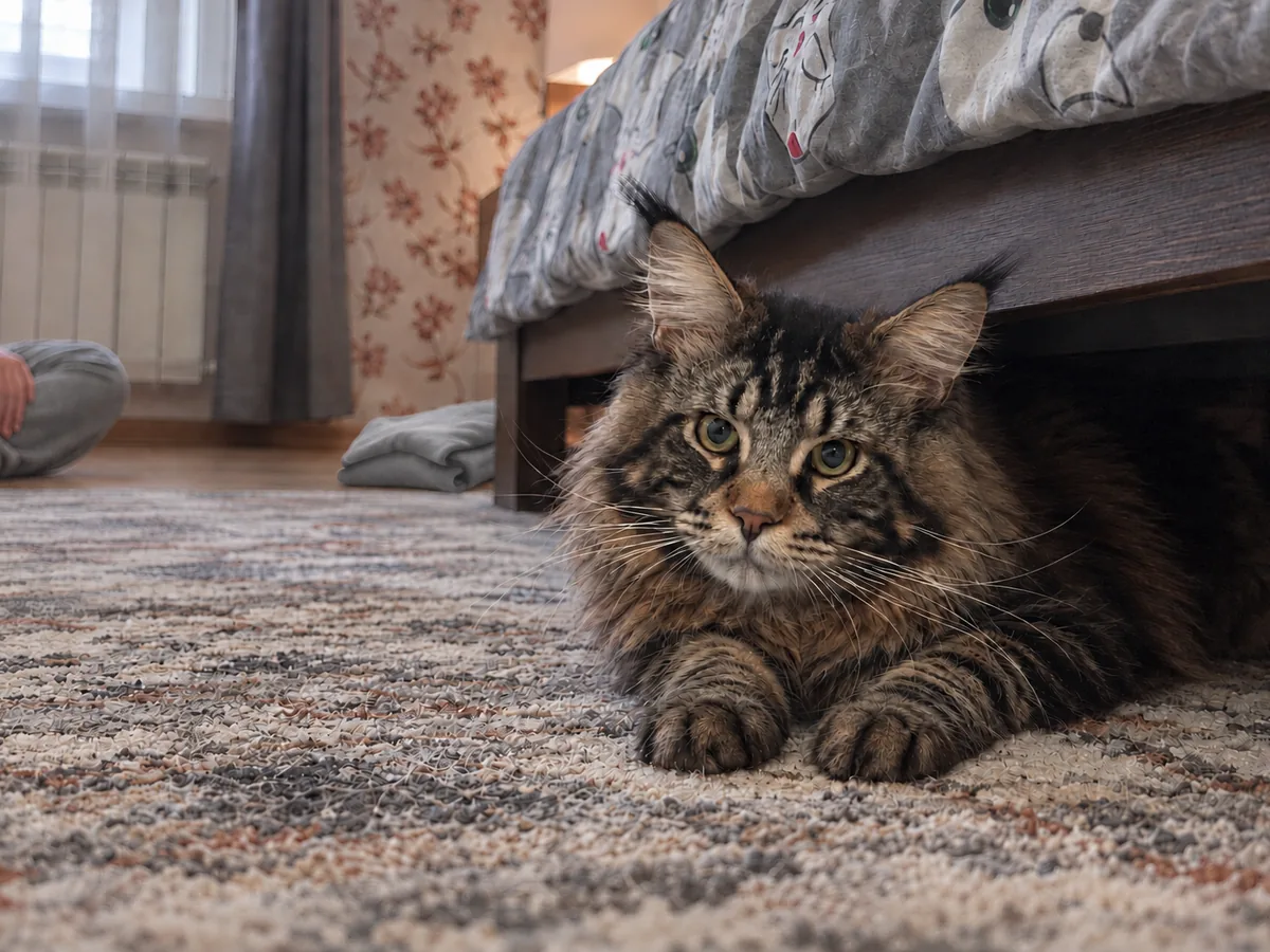 Un maine coon atigrado marrón se asoma por debajo de la cama mientras una persona está sentada en silencio en el suelo, a unos pasos.