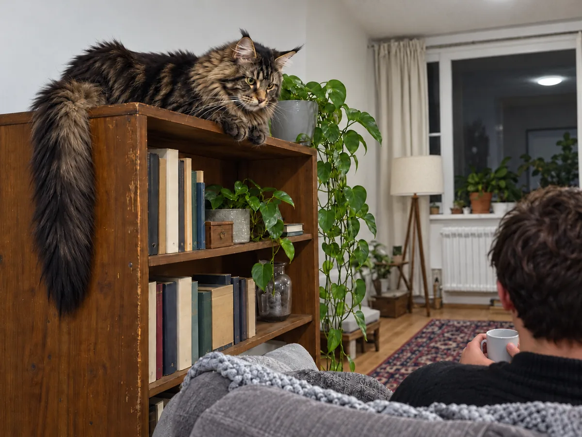 Un maine coon atigrado marrón observa desde lo alto de una estantería mientras una visita está sentada tranquila en el sofá.