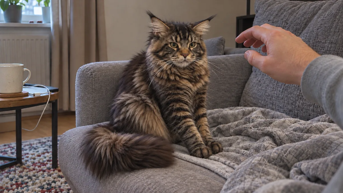 Un maine coon atigrado marrón, receloso, mira una mano que se ha detenido antes de acariciarlo.