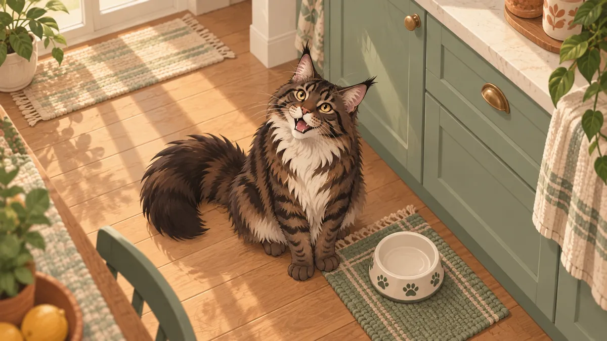 A dark tabby Maine Coon sits by the kitchen counter and meows up at the viewer.