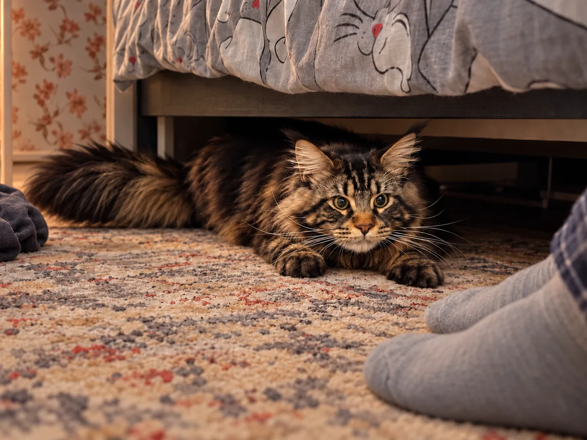 Un maine coon atigrado marrón se asoma por debajo de la cama y mira unos pies con calcetines sobre la alfombra del dormitorio.