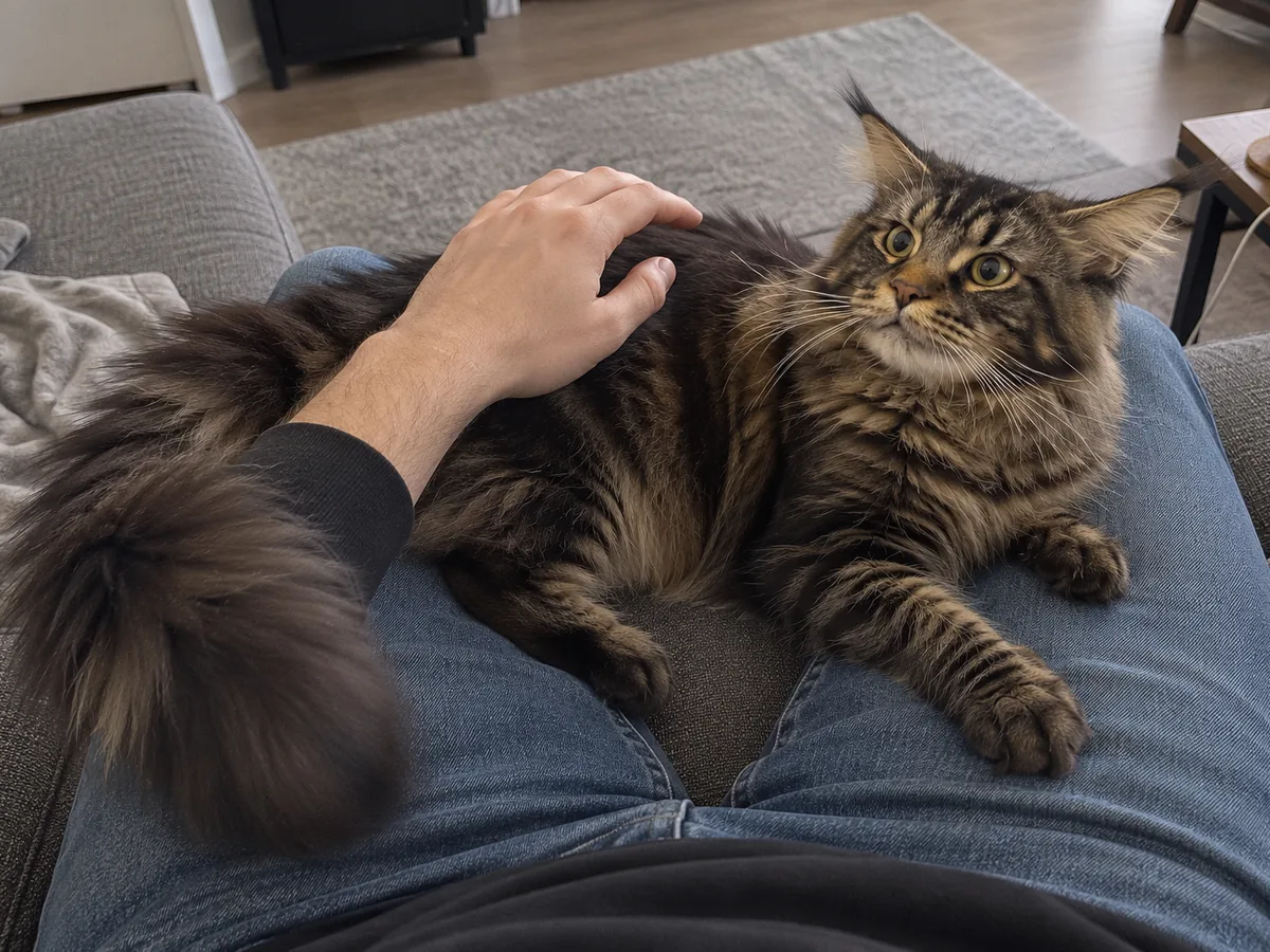 Un maine coon atigrado marrón, en el regazo de alguien, se queda quieto bajo la mano que lo acaricia, con los ojos muy abiertos y la punta de la cola sacudiéndose.
