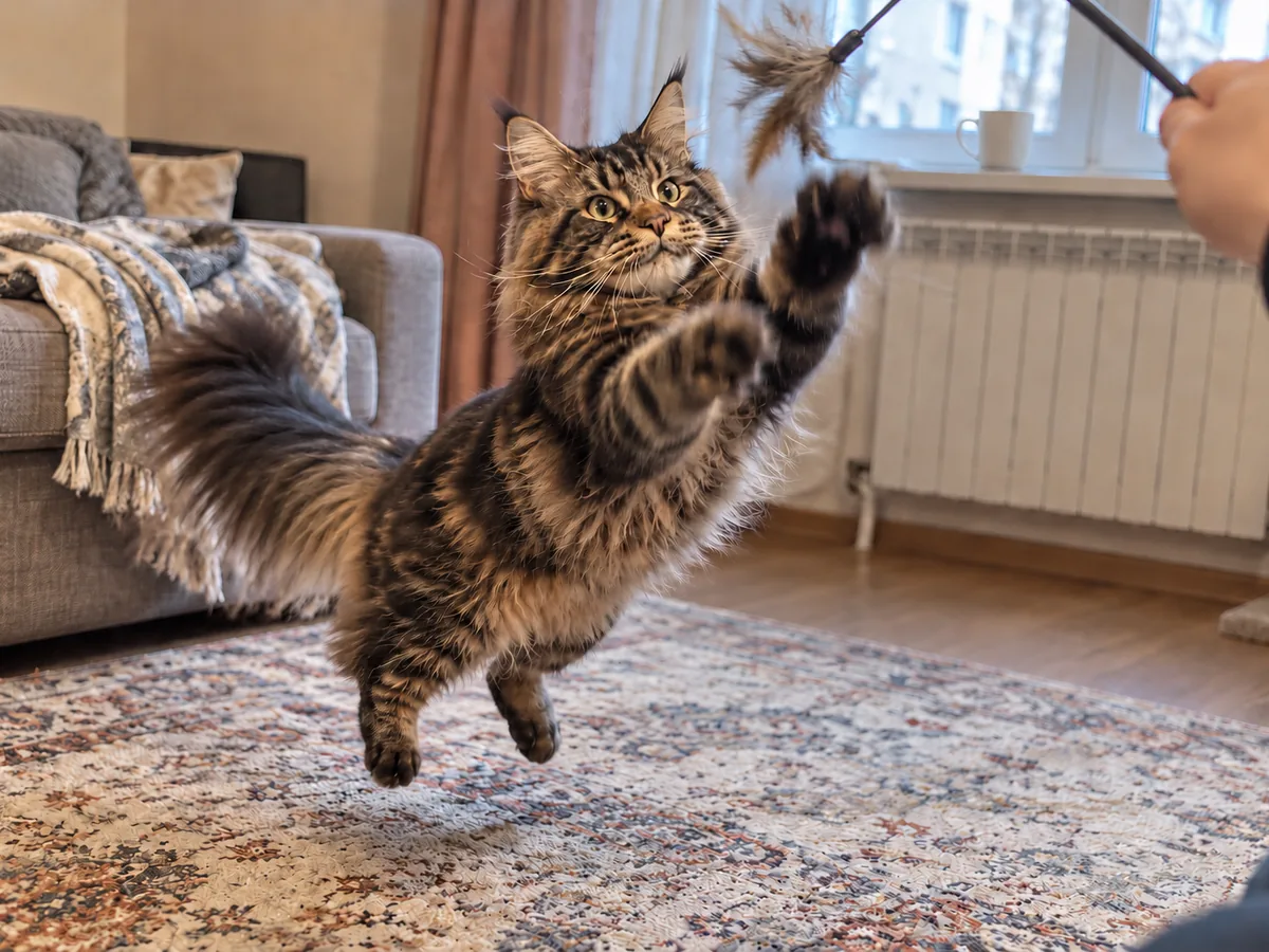 Un maine coon atigrado marrón salta en la sala de estar hacia una pluma atada a una caña de juguete que alguien sostiene con el brazo estirado.