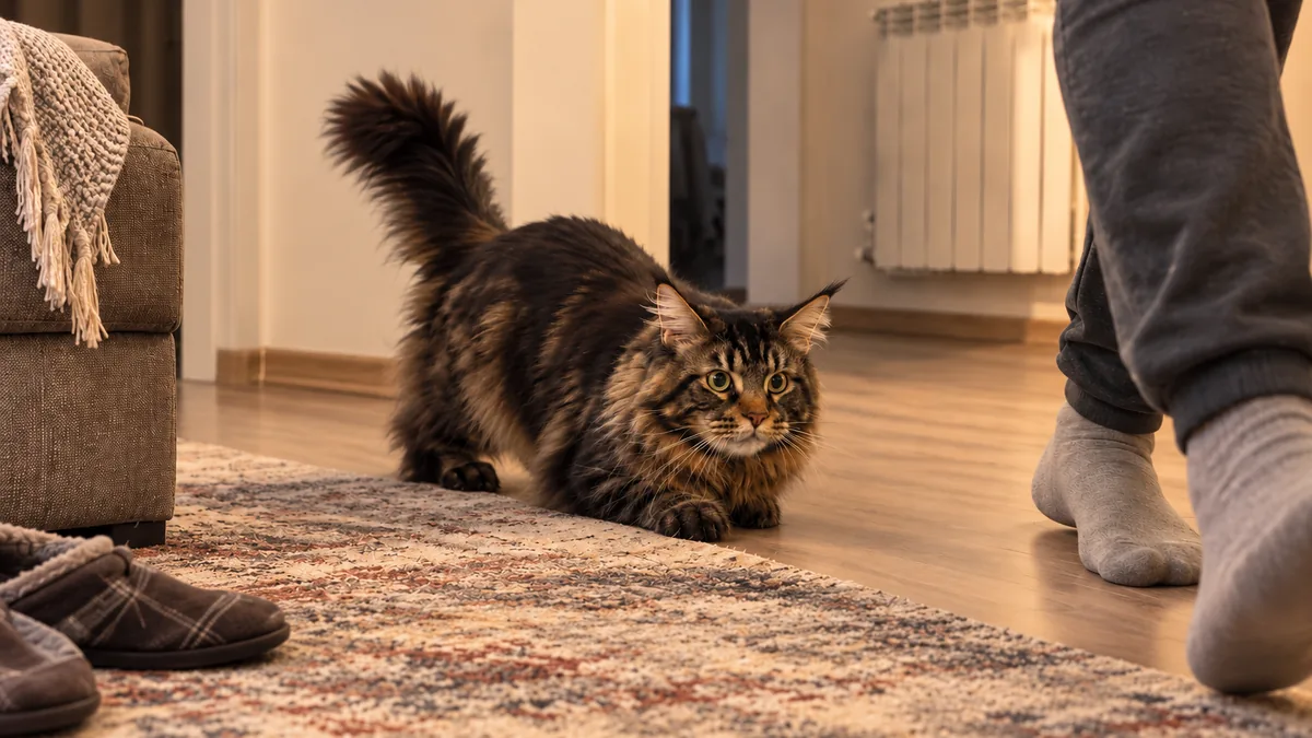 Un maine coon atigrado marrón agazapado al borde de la alfombra, con la mirada clavada en unos pies con calcetines que pasan.