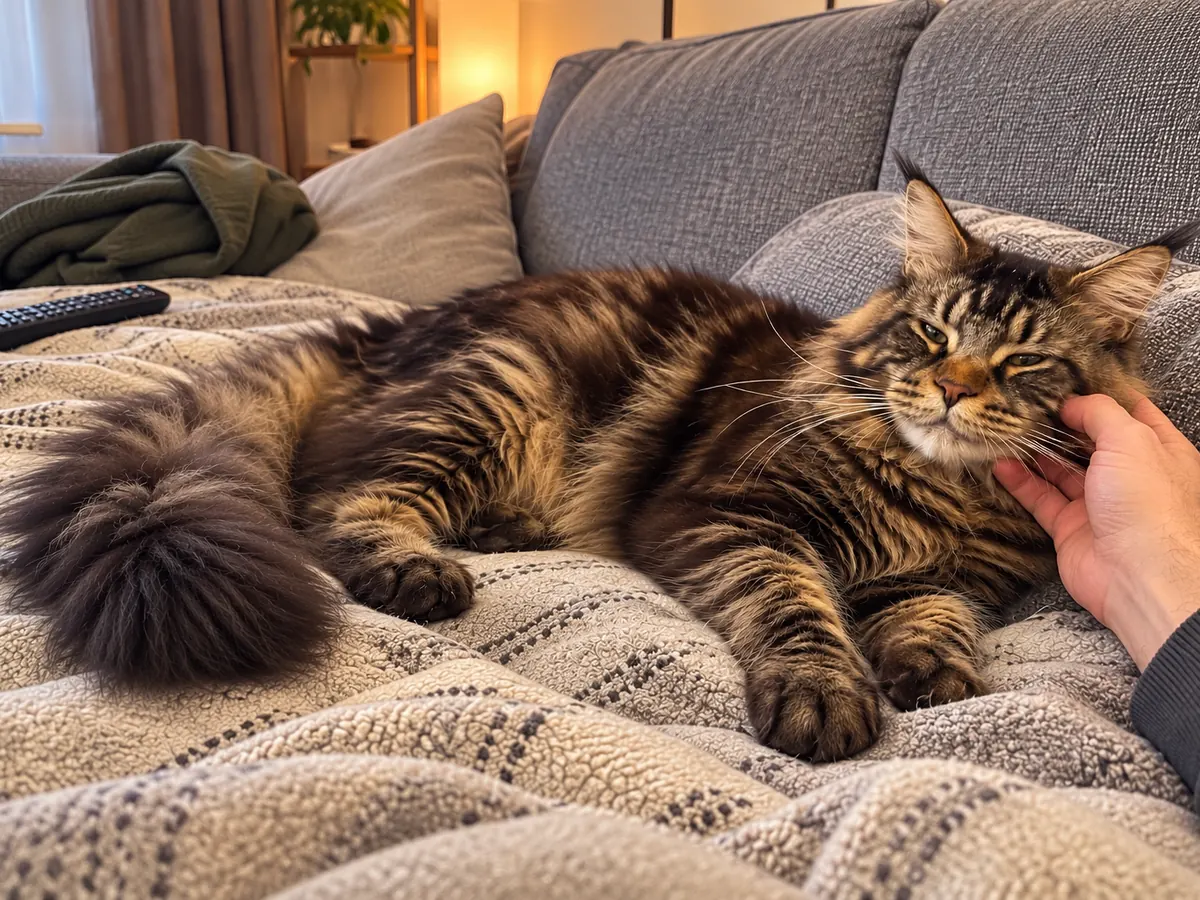 Una mano acaricia la mejilla de un maine coon atigrado marrón tumbado en el sofá, con los ojos entornados.