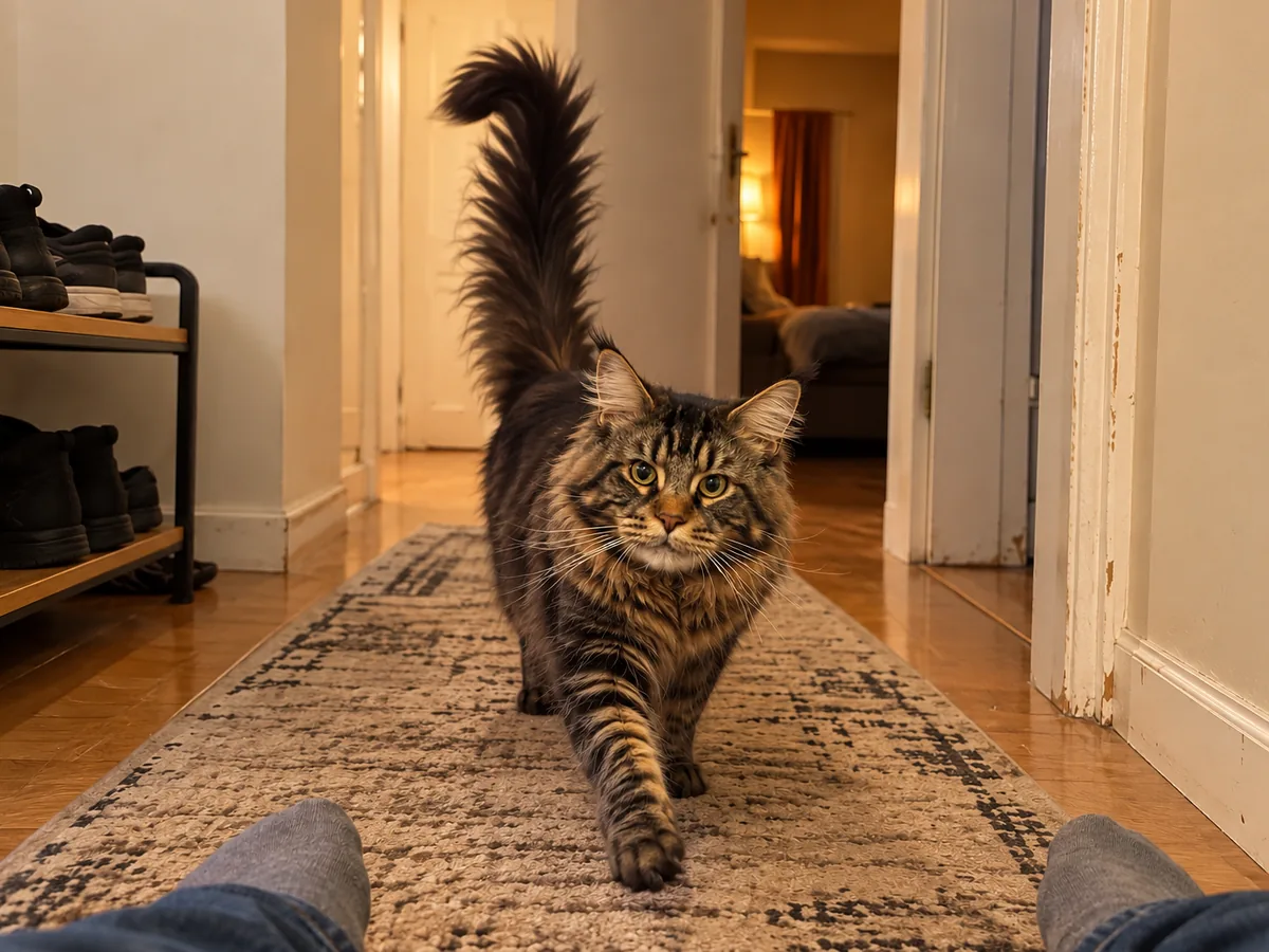 Un maine coon atigrado marrón trota por el pasillo hacia los pies de una persona, con la cola bien recta hacia arriba.