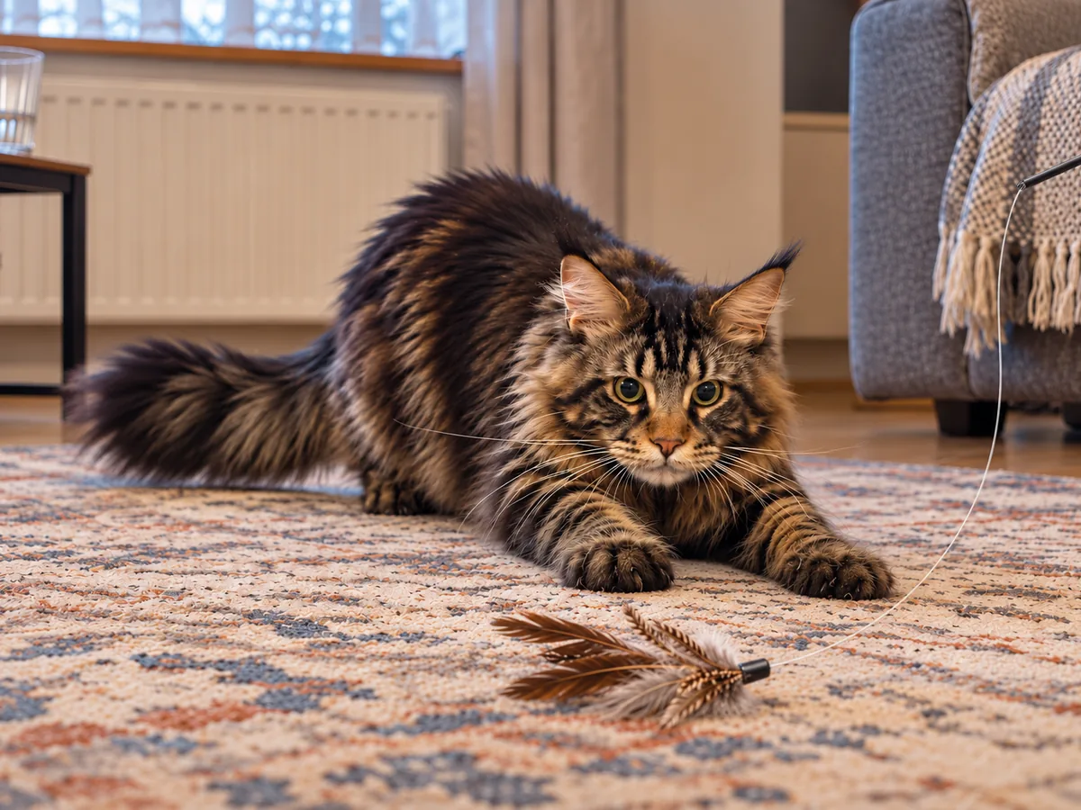 Un maine coon atigrado marrón se agazapa en la alfombra, listo para saltar sobre las plumas de una caña de juguete.