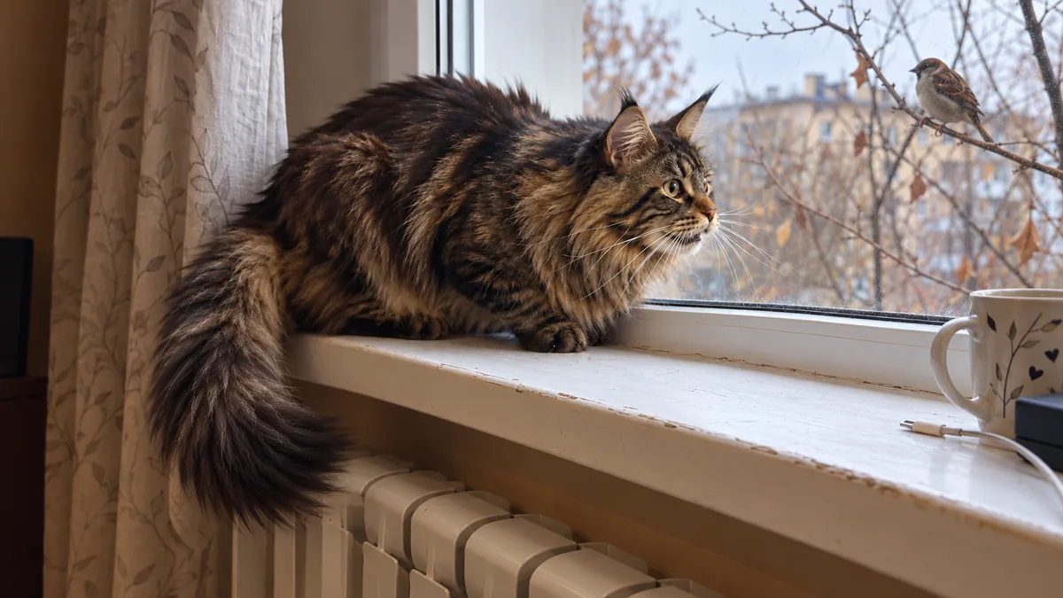 Un maine coon atigrado marrón agazapado en el alféizar, con las orejas hacia delante, mira un pájaro en una rama al otro lado de la ventana.
