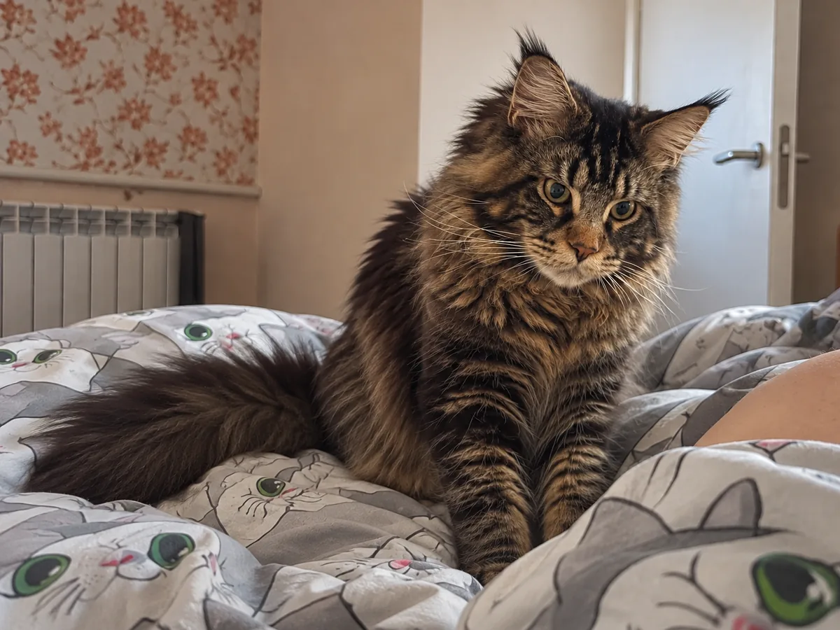 Коричневий мармуровий мейн-кун сидить на ліжку в ранковому світлі й дивиться на плече людини, яка ще спить під ковдрою.