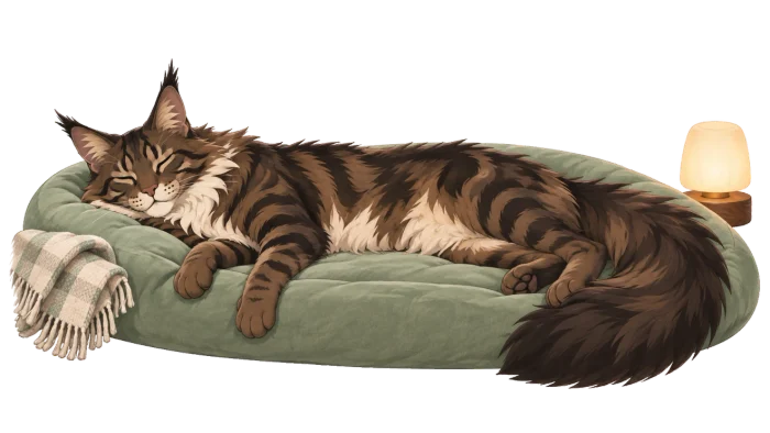 A Maine Coon sleeping peacefully beside a nightlight