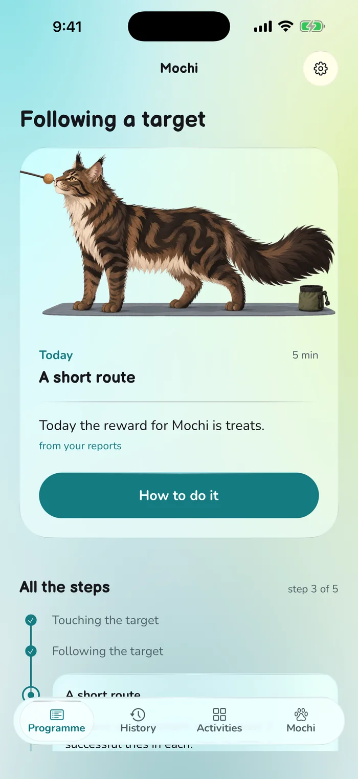 Mochi’s personal programme, with today’s lesson and a clear path of steps